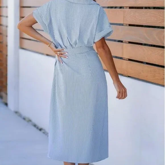 CUPSHE Women's Blue Pin Stripe Collared Wrap Midi Beach Dress, Medium - Picture 2 of 6